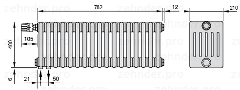 Схема (чертеж) Радиатор Zehnder Charleston 6040/17 №V001 Белый глянцевый RAL 9016